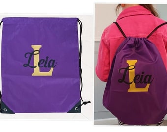 Personalised Initial & Name Back to School Drawstring Rucksack Bag. Kids Name on a PE Bag Swimming Bag Gym Bag Afterschool Club Bag Girl Boy