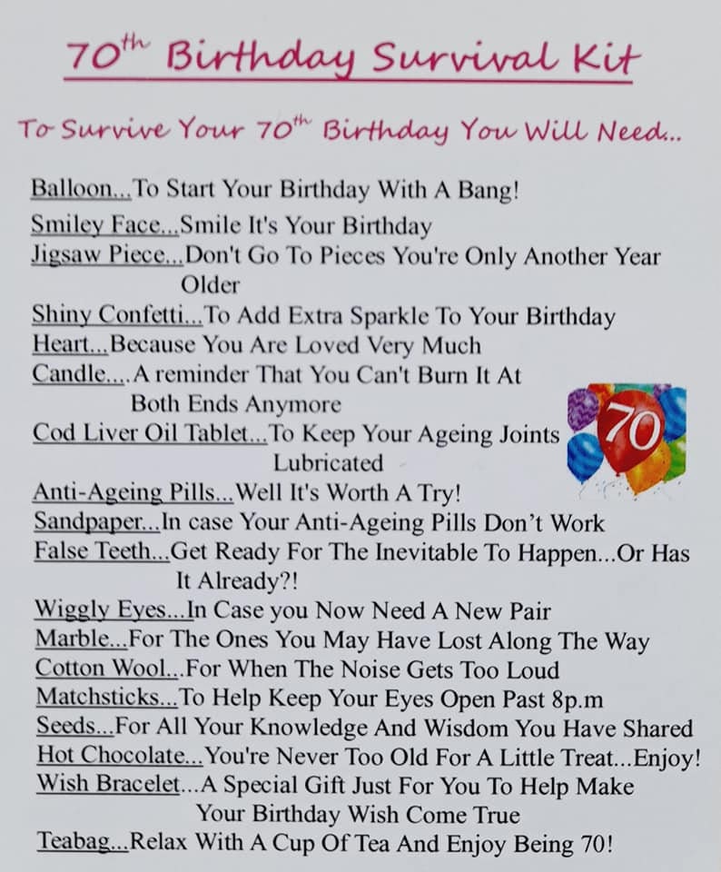70th Birthday Survival Kit A Fun Novelty Birthday Present | Etsy