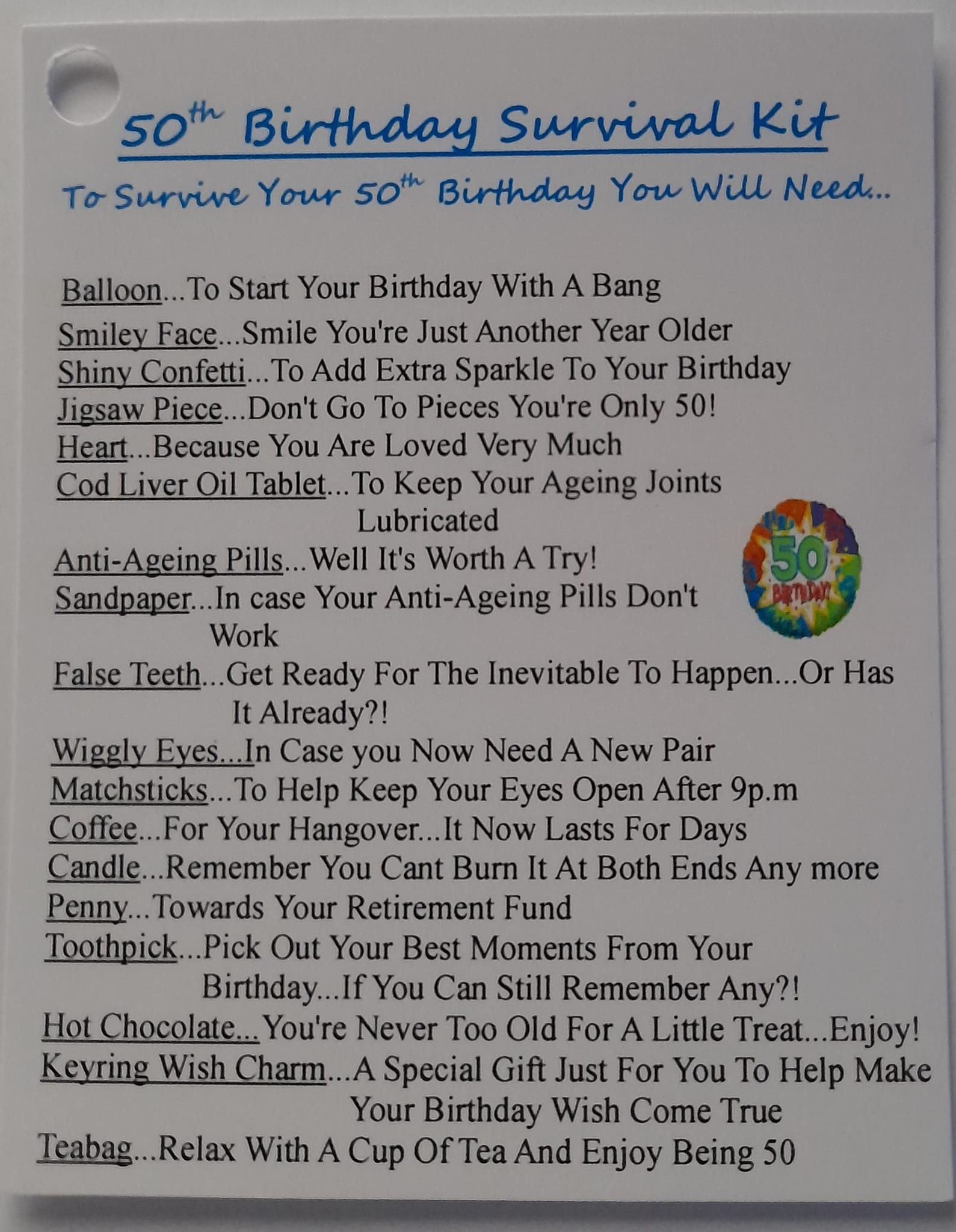 50th Birthday Survival Kit Gift Card for Boy Girl Fun Keepsake - Etsy UK
