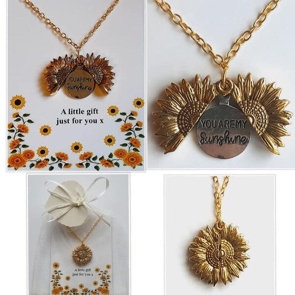 You Are My Sunshine , Sunflower Necklace , Sunflower Pendant, With Open Out Message, Lovely Keepsake Gift