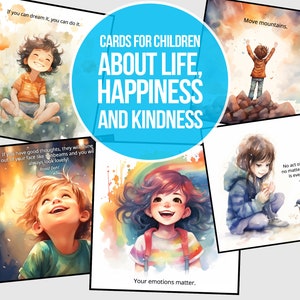 Karten für Kinder über das Leben, Glück und Freundlichkeit, inspirierende, motivierende Zitate und Illustrationen, Sofort Download
