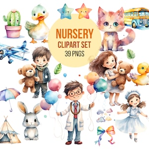 Watercolor Baby Nursery Clipart Set, Adorable Clipart Bundle for Kids, Baby Shower Decor, Instant Digital Download