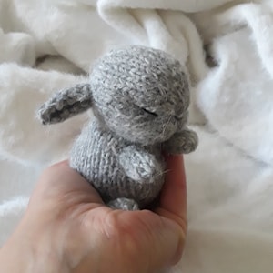 May include: A small gray knitted bunny rabbit toy with closed eyes. The bunny is being held in a person's hand.
