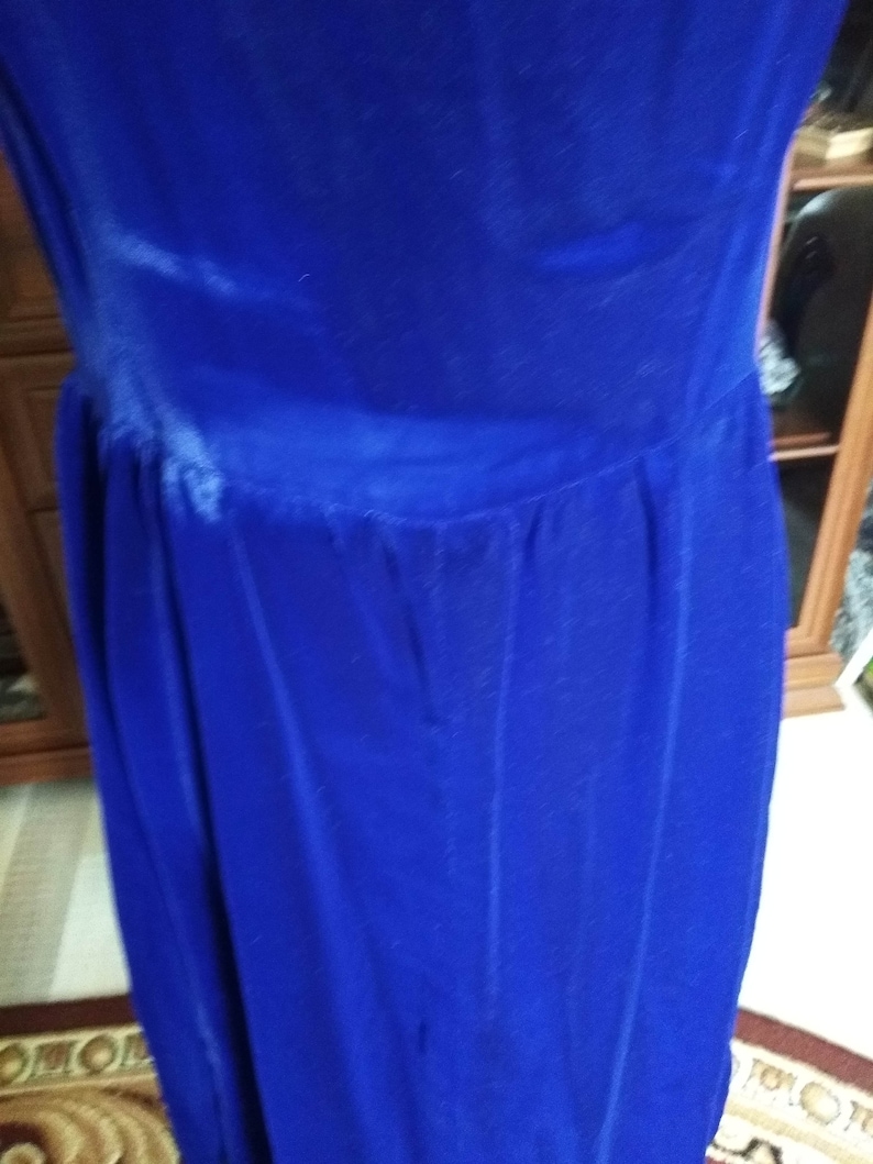 Vintage Approx 70/'s Women Sky Blue Velvet Evening Dress on Wide Strap Rigas House of Models 60/'s