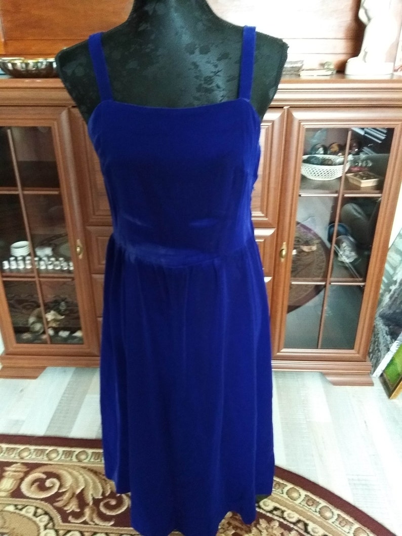 Vintage Approx 70/'s Women Sky Blue Velvet Evening Dress on Wide Strap Rigas House of Models 60/'s