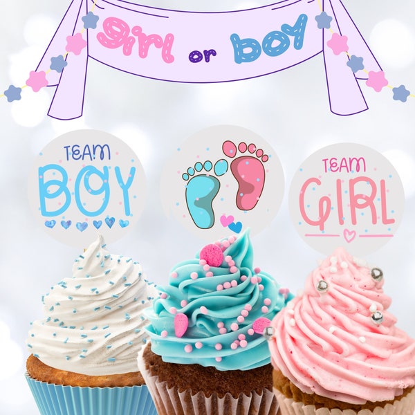 Baby Shower Toppers,Gender Reveal Party Cupcake Toppers,Team Boy,Team Girl,Baby Shower Toppers,Stickers,Instant Download
