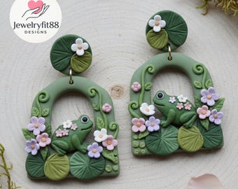 Frog Earrings | Cottagecore Frog Earrings | Lily Pad Frog Jewelry | Handmade Earrings | Frog Lover Gift