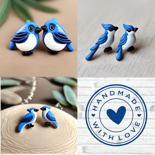 Bird Stud Earrings, Birthday Earrings, Gift, Blue Jay Birds, Polymer Clay, Stainless Steel, Handmade