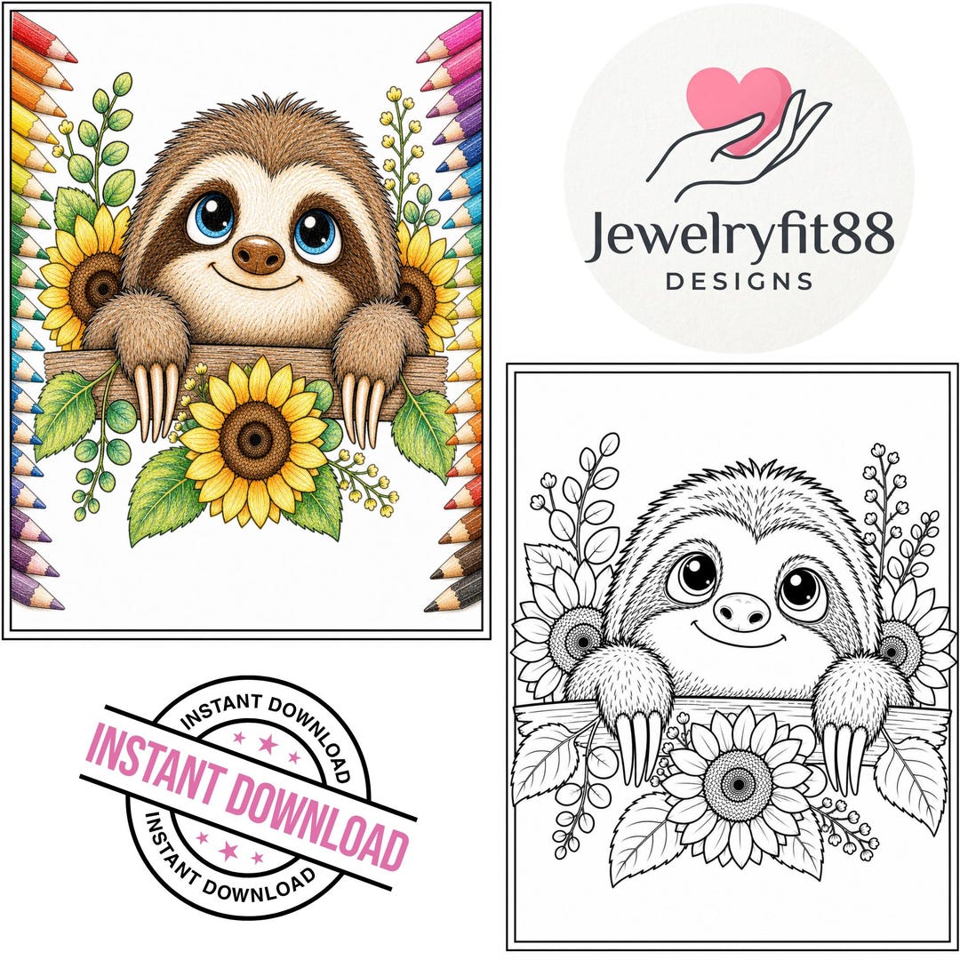 Sloth Coloring PNG | Sloth Floral Coloring Page | Cute Sloth Coloring ...