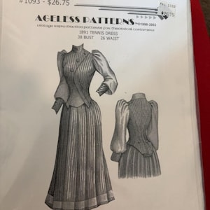 May include: An Ageless Patterns sewing pattern for an 1891 Tennis Dress. The illustration shows a long dress with a fitted bodice, long sleeves, and a pleated skirt. The bust size is 38 inches, and the waist is 26 inches.