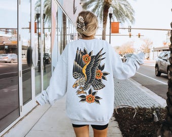 Eagle Flower Traditional Tattoo Sweatshirt, American Traditional Eagle Sweatshirt, Unisex Crewneck Jumper, Back Print Shirt, Front Chest