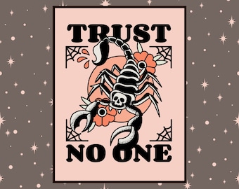 Traditional Tattoo Trust No-One Scorpion Wall Art Print | Traditional Tattoo Homeware | Scorpio Homeware Gift | Spider Web Tattoo Flash