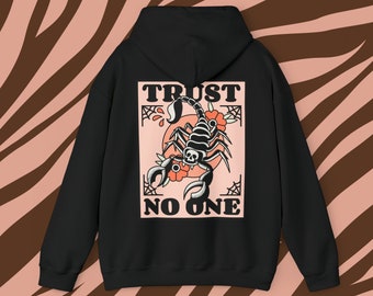 Trust No-One Scorpion Traditional Flash Tattoo Unisex Hooded Sweatshirt in Black, Grey or Sand | Alternative Gift For Her | Tattoo Clothing