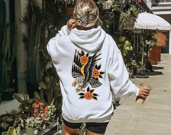 Eagle & Flower Traditional Tattoo Unisex Hooded Sweatshirt, American Traditional Eagle Sweatshirt,  Back Print Shirt, Front Chest Print