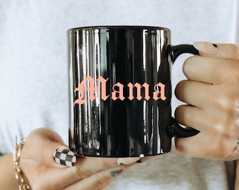 Mama Coral On Black Old English Heavy Metal Mug | Mother&#39;s Day Gift | Alternative Mom | Accessories for Mom | Tattooed Mama