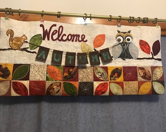 Quilted Fall Bench Pillow,KB Welcome Autumn Bench Pillow,Fall Decor Pillow,Owl Bench Pillow,Pillow With Squirrel,Bench Pillow With Saying