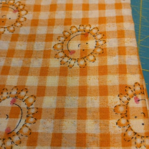Orange And Yellow Fabric With Gingham And Sunny Faces Print ,Fabric By The Yard,Yellow Fabric,Orange Fabrics,100% Quilter&#39;s Cotton