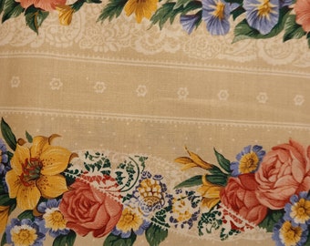 Pink Blue & Yellow Floral  Border Fabric With Cream Background/Fabric  By The Yard/100% Quilter's Cotton/Floral Border Fabric/Floral Fabrics