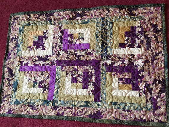 Quilted Purple Green Gold Log Cabin Table Runner Table Topper Etsy