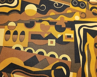 Tela de estampado geométrico abstracto negro, marrón, mostaza y crema/tela geométrica, tela cortada a medida/algodón de quilter/telas de borde abstracto