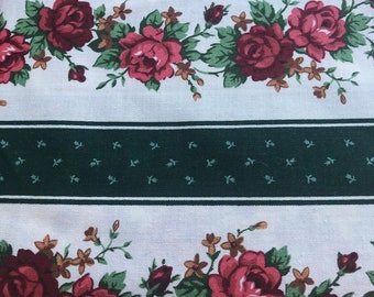 Bordeaux rode rozen met groene streep randstof, stof op maat gesneden, 100% quilter's katoen, bloemenrandstof te koop, rozenstof