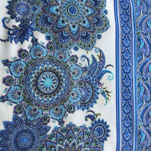 Turquoise and Blue Border Fabric With Medallion Designs  By The Yard, 100% Quilter&#39;s Cotton, Turquoise Fabric For Sale,Blue Fabric For Sale