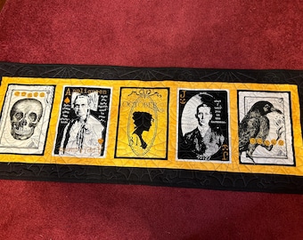 Spooky Halloween Table Runner/Gothic Table Runner/Halloween Decor/Kitchen & Dining Room Linen/Black,White And Gold Fall Holiday Table Runner