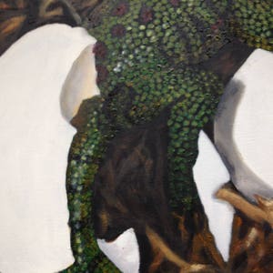 May include: A close-up of a painting depicting a textured, green and brown object with white accents. The object appears to be a tree trunk or branch with a rough, bark-like surface. The green areas are covered in small, circular shapes, resembling scales or leaves.