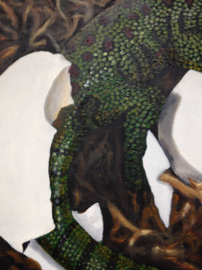 May include: A close-up of a painting depicting a textured, green and brown object with white accents. The object appears to be a tree trunk or branch with a rough, bark-like surface. The green areas are covered in small, circular shapes, resembling scales or leaves.