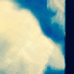 May include: Abstract painting with a large white cloud shape in the center, against a blue background.