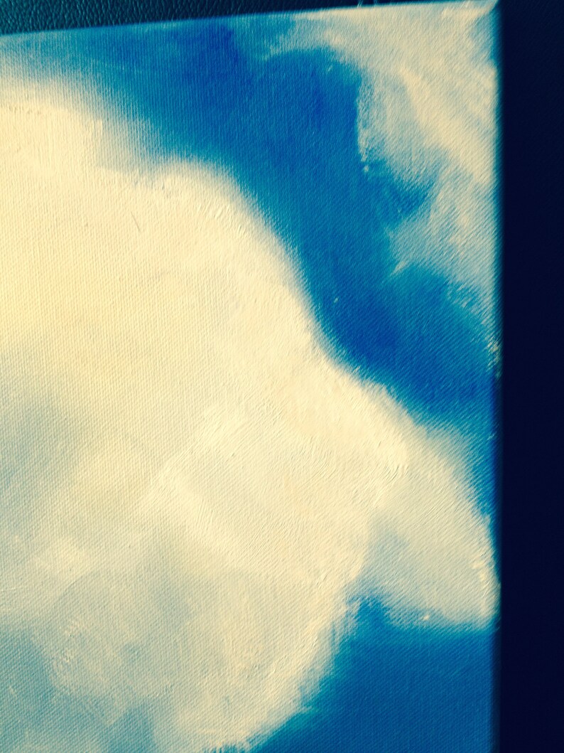 May include: Abstract painting with a large white cloud shape in the center, against a blue background.