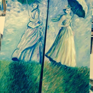 Unframed/Two Sisters Oil Paintings/15 X 30X 1 1/2 inch Original Paintings/Umbrella Lady In Yellow/Umbrella Lady in Violet/Figure/Landscape
