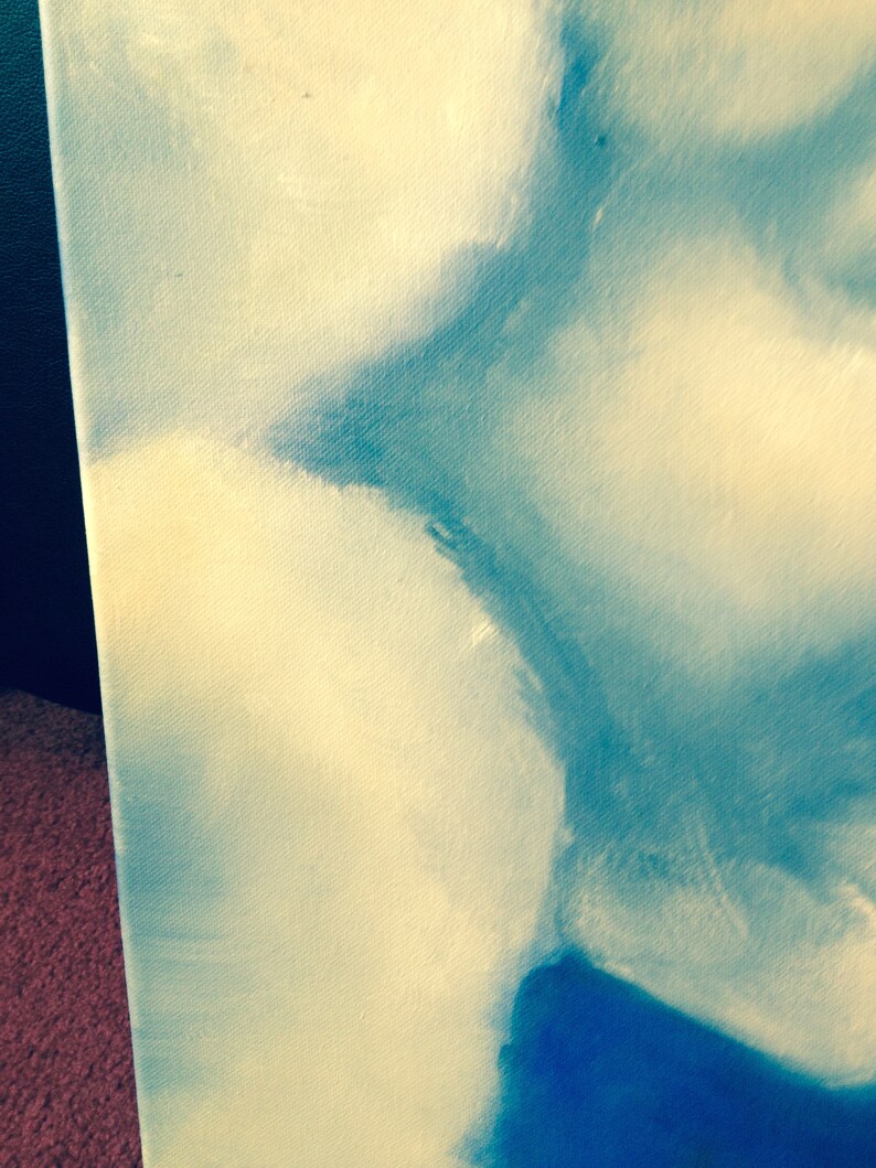 May include: Abstract painting with a blue and white color scheme. The painting features a large, abstract shape in the center, with smaller shapes surrounding it. The colors are blended together to create a soft, ethereal effect.