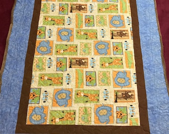 Animal Crib Baby Quilt/Blue and Tan Flannel  Baby Blanket With Minky Backing/Baby Bedding/Newborn Gift Ideas/Baby Shower Gift/Baby Gifts