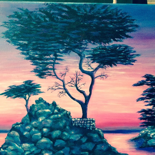 Carmel Tree In Pinks & Blue California Landscape 22 x 28 inch Original Oil Painting Wall Decor Art Oil Painting Carmel Coast Ocean #CAPSteam