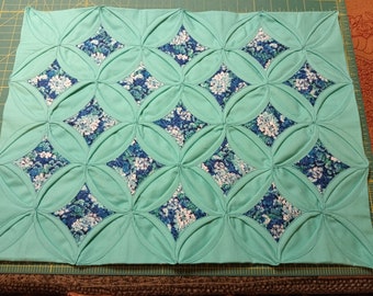 Quilted Light Turquoise Cathedral Windows Table Runner/Table Topper 14 X 18 in/Table Topper/Table Linen/Small Table Topper/Coffee End Table