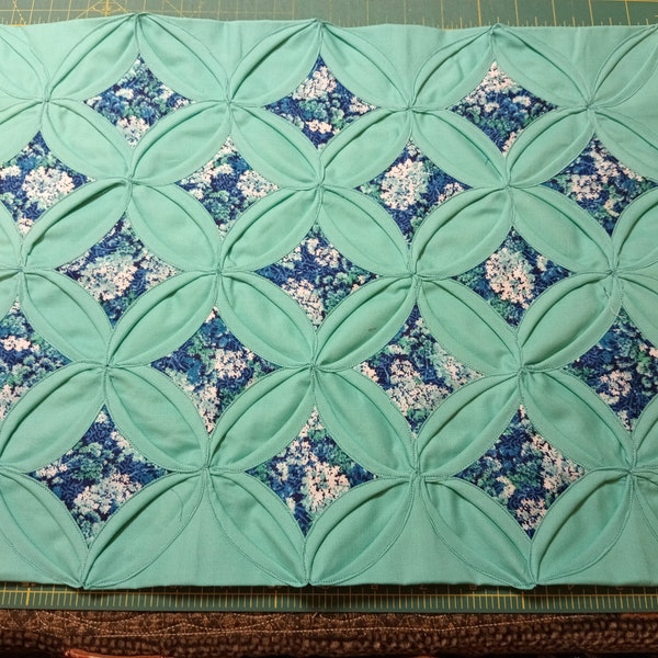 Quilted Light Turquoise Cathedral Windows Table Runner/Table Topper 14 X 18 in/Table Topper/Table Linen/Small Table Topper/Coffee End Table