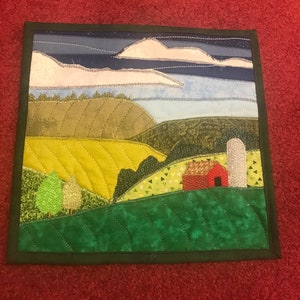 Mini Nature Wall Hanging/Thread Painted Quilted Wall Hanging/Farm And Countryside Wall Hanging/Gift For Her/Wall Art/Fiber Art/ Gift Ideas