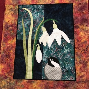 Custom Quilted Snowdrop Chickadee Wall Hanging/Chickadee Wall Hanging/Wall Art/Art Quilt/Bird Wall Hanging/Quilted Floral Wall Hanging