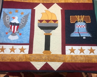 Patriotic Quilted Wall Hanging For Table Topper,Americana Wall Hanging With Sayings,American Eagle,Liberty Bell, Liberty Quilt, Fiber Art