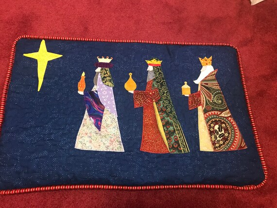 Blue Quilted Three Kings Bench Pillow Cover Red And Gold Piping/Christmas Pillow Covers/Red And Green Holiday Pillow Cover Zipper Closure