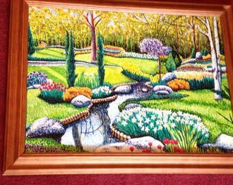 Pointillism Landscape Oil Painting/Trees & Flowers Park/Original Artwork/18x24 in/Reflection Creek/Unframed Fine  Art Painting/Wall Decor