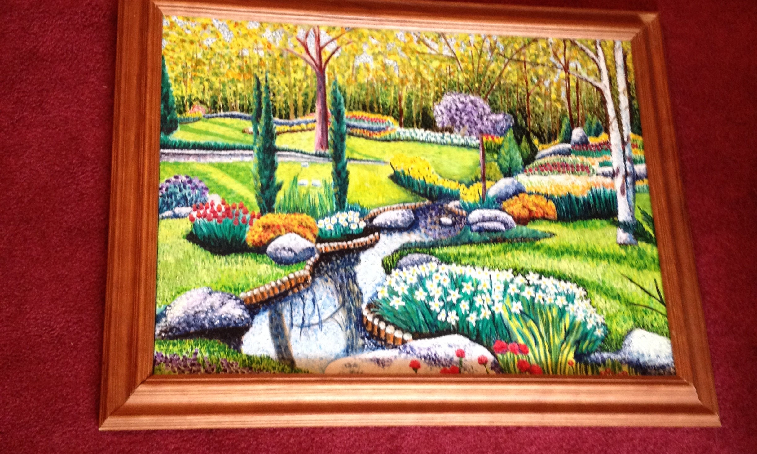 点描風景油絵/木々や花々が咲く公園/オリジナルアートワーク/18 x 24