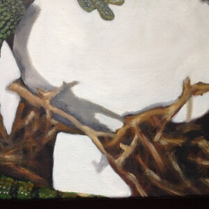 May include: A close-up of a painting depicting a brown, gnarled branch with a white background. The branch is painted in a realistic style, with details of the bark and knots.
