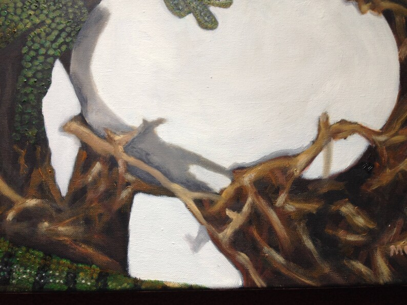 May include: A close-up of a painting depicting a brown, gnarled branch with a white background. The branch is painted in a realistic style, with details of the bark and knots.
