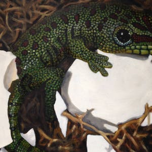 May include: A green and brown gecko with red spots is perched on a white egg. The gecko has a large, black eye and is surrounded by brown twigs.