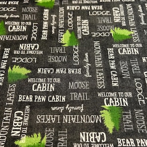 Dark Gray Fabric With Trees and Cabin Words/Green Forrest Fabric/Green Tree Fabric/100% Quilter&#39;s Cotton Fabrics For Sale