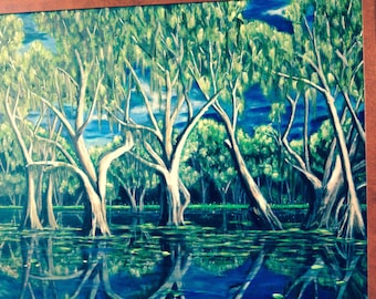 Bayou Painting/24 x 36 inch Original Unframed Oil Painting/Swamp Country/Landscape Oil Painting of Trees and Water/Art/Artwork/Reflections