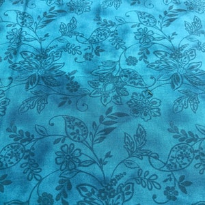 Turquoise Floral Fabric With Plant Designs By The Yard, 100% Quilter&#39;s Cotton, Turquoise Fabric For Sale