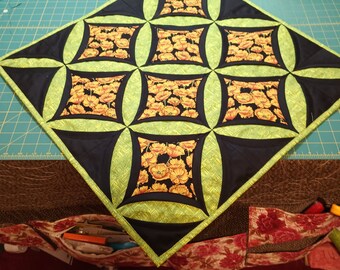 Lime Green And Gold Cathedral Window Quilt Or Wall Hanging With Black Background/Art Quilts/23x23in Quilt/Quilted Wall Art, Gift Ideas